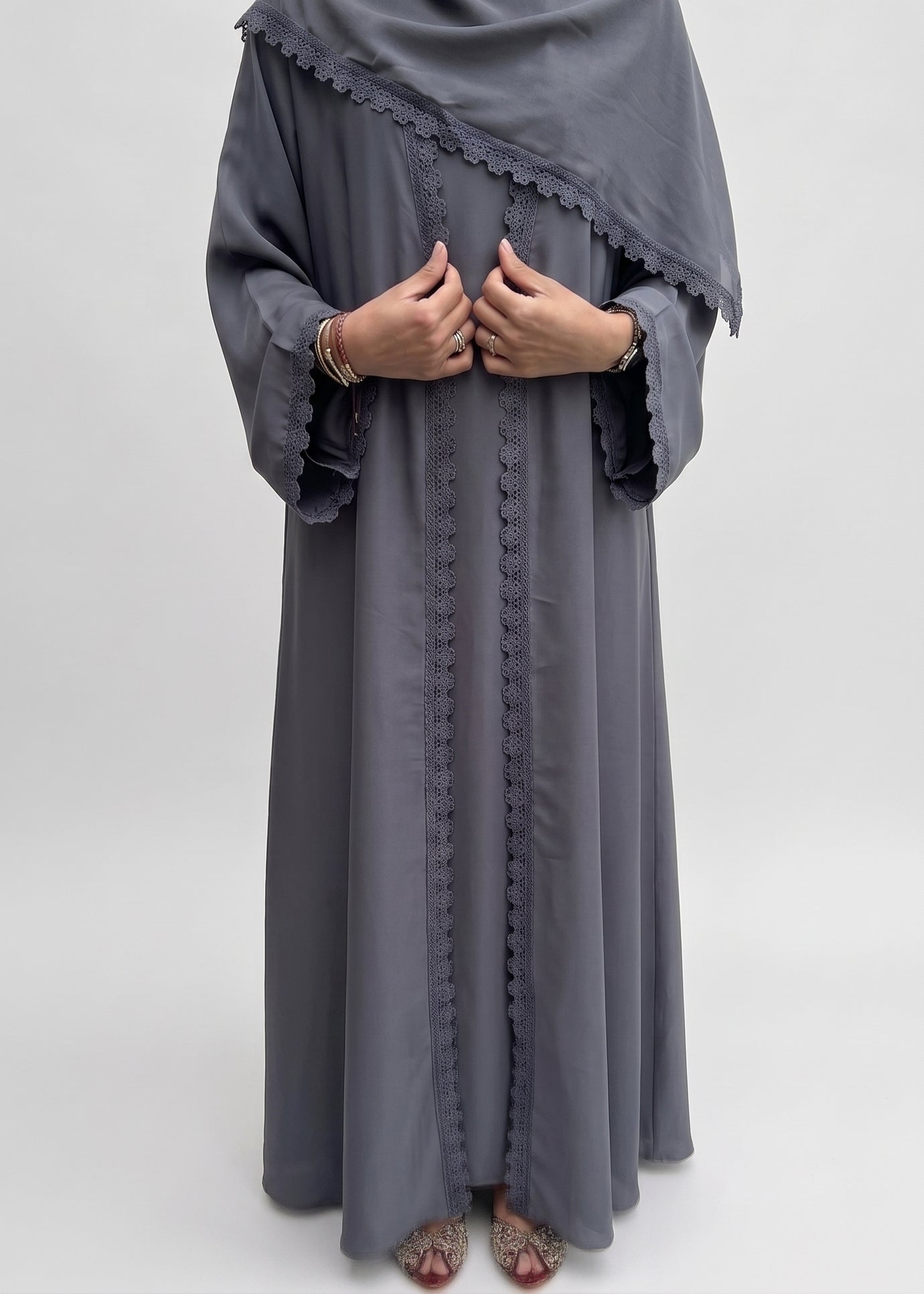 Zaina Lace Open Abaya - Grey