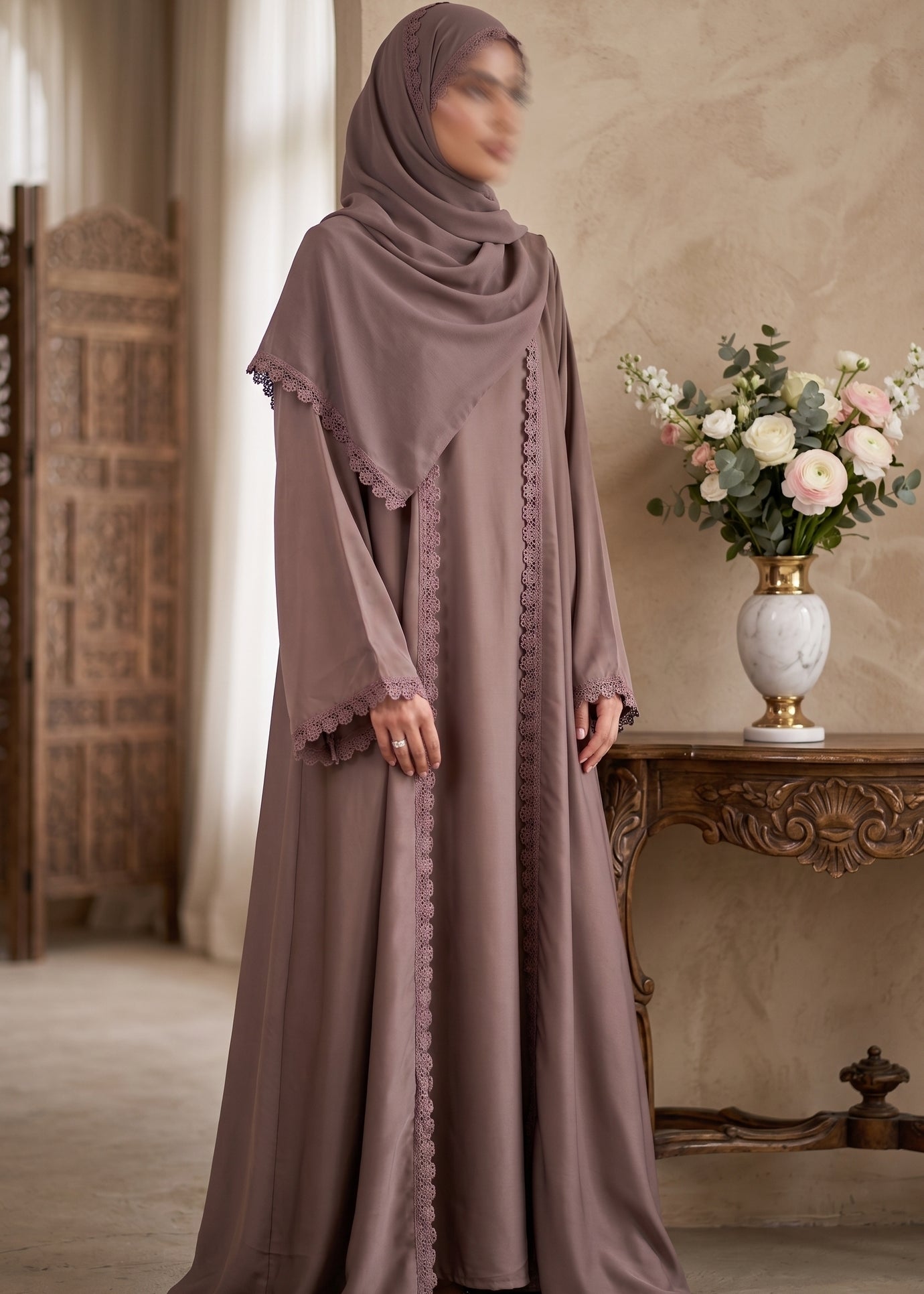 Zaina Lace Open Abaya - Brown