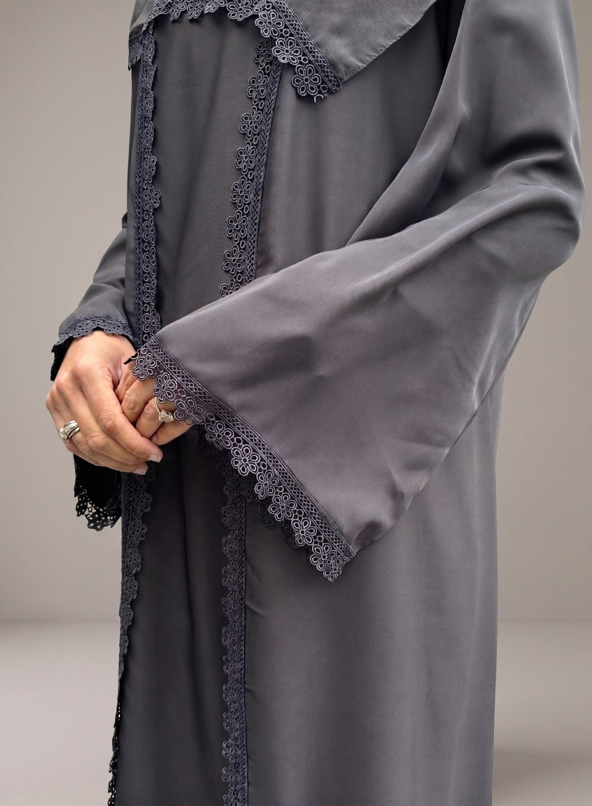 Zaina Lace Open Abaya - Grey